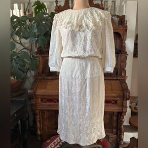 Vintage Retro Ivory Lace Detail Midi Dress Size S/M